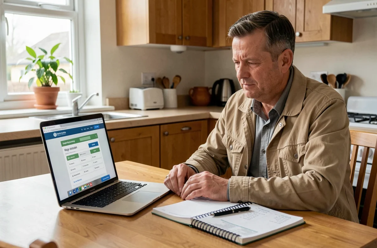 Un homme AESH calcule son salaire net à 24h de quotité de travail sur un ordinateur à domicile