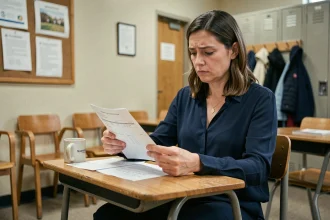 AESH femme consultant sa fiche de paie 24h dans une salle des professeurs d'école primaire