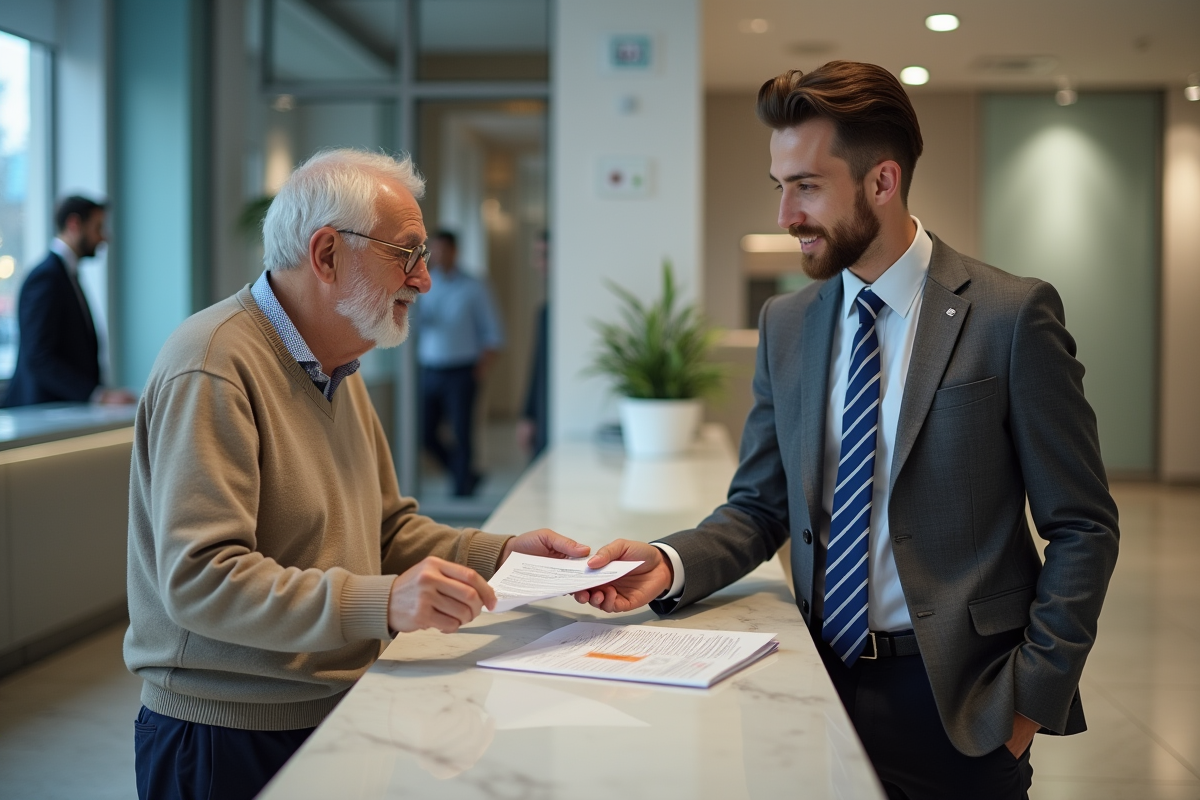 Jeune agent bancaire aidant un client âgé en agence