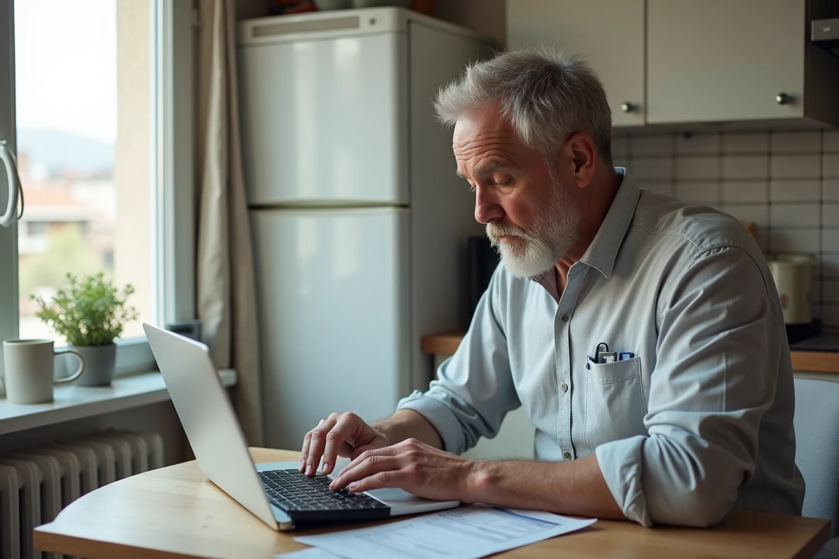 Agent de la fonction publique consultant sa fiche de paie et calculant son salaire net depuis son domicile