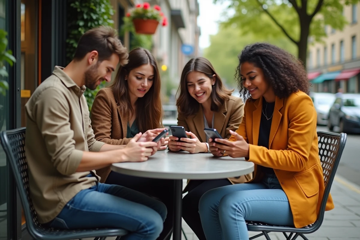 Groupe d amis discutant autour d un café en ville avec leurs smartphones
