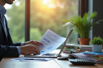 Professionnel analysant documents financiers au bureau
