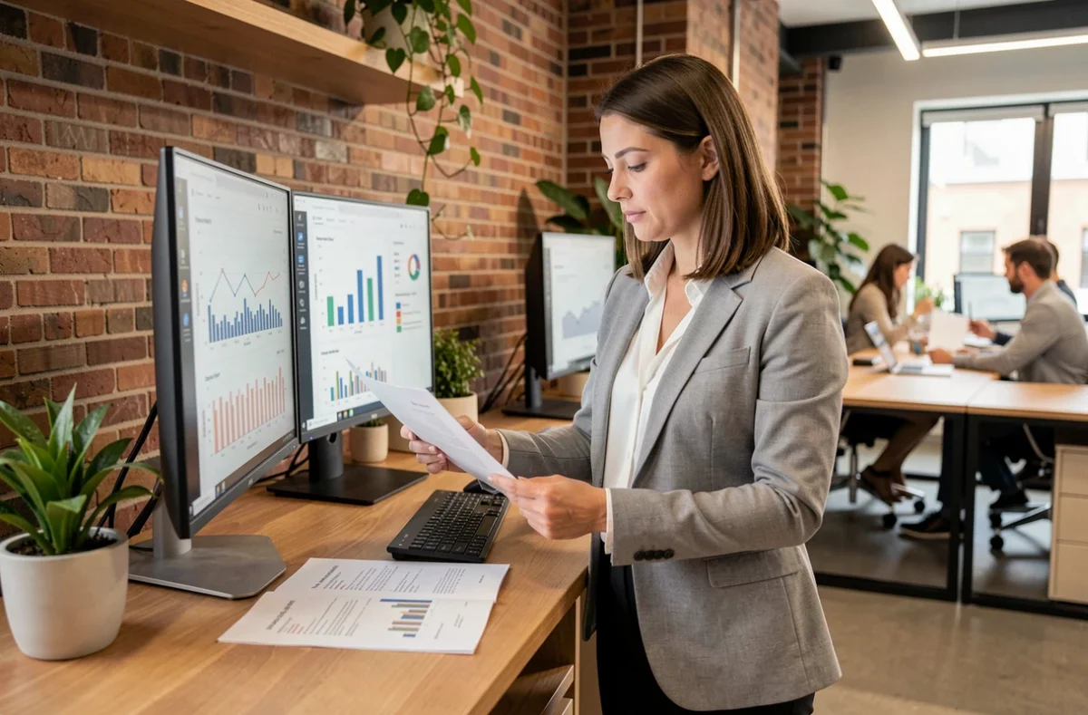 Femme d'affaires analysant des tableaux de bord de trésorerie et des rapports financiers dans un espace de travail collaboratif
