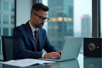 Analyste financier en costume regardant un graphique blockchain