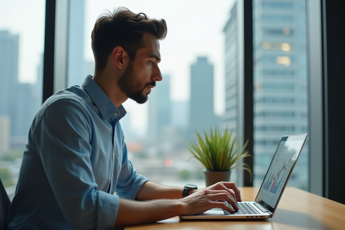 Jeune analyste financier regardant graphiques Solana sur son ordinateur