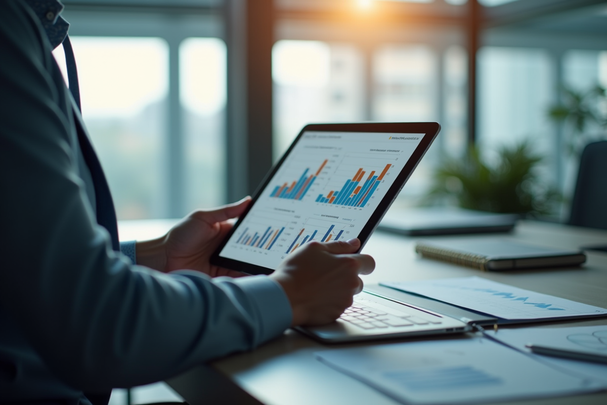 Professionnel analysant graphiques financiers sur tablette