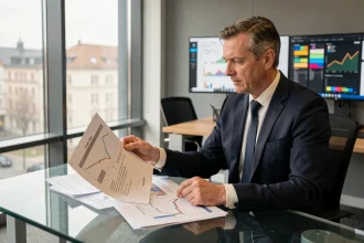 Analyste financier européen examinant des rapports de scoring de crédit dans un bureau d'entreprise moderne
