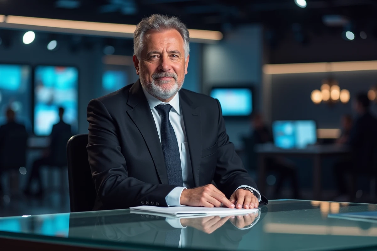 Animateur TV français en costume sombre dans un studio moderne