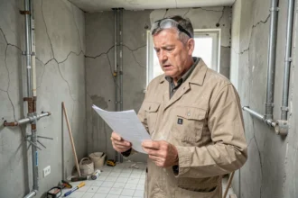 Artisan examinant des documents de chantier dans une salle de bain en travaux sans garantie décennale