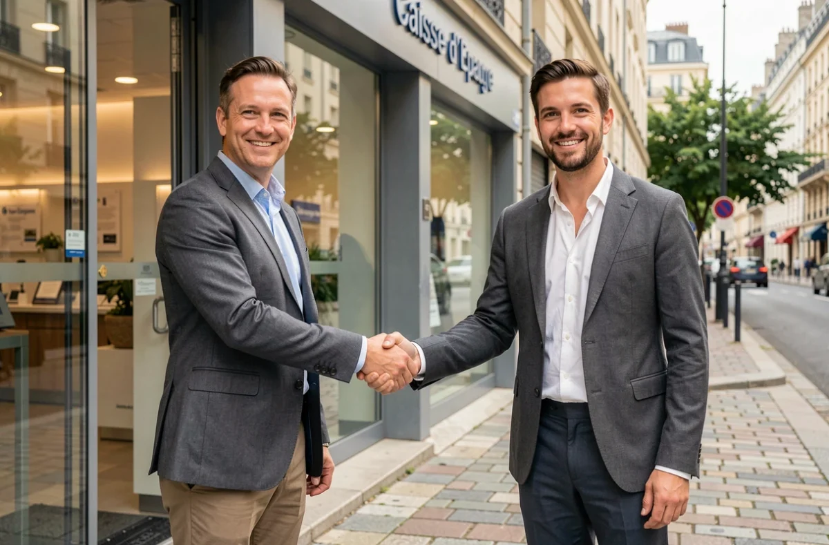 Deux associés entrepreneurs concluant un accord de financement professionnel devant une agence Caisse d'Epargne en centre-ville