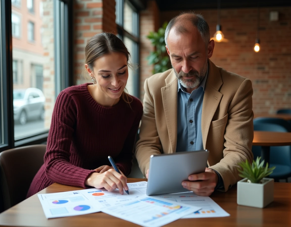 Deux associés de PME collaborant sur leur stratégie de credit monitoring avec des documents bancaires dans un espace de coworking
