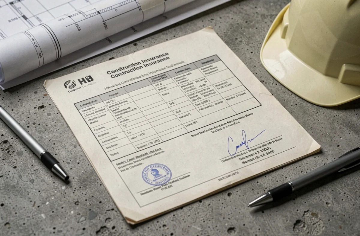 Document d'attestation de garantie décennale posé sur du béton avec un casque de chantier et des plans