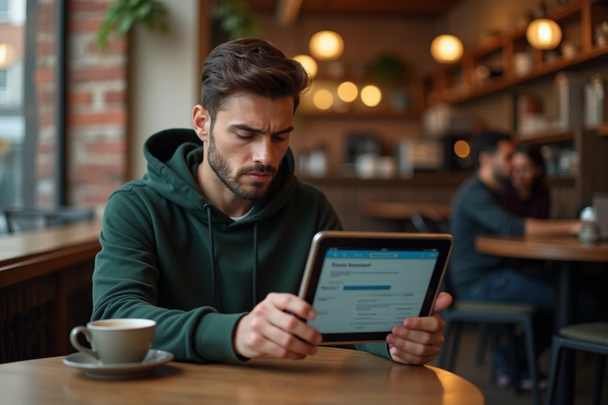 Jeune auto-entrepreneur consultant le site des impôts sur tablette dans un café pour se renseigner sur la franchise en base de TVA