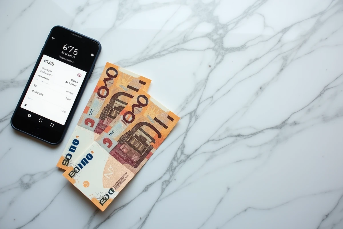 Billets de 100 euros et dollars américains côte à côte avec calculatrice de taux de change sur smartphone