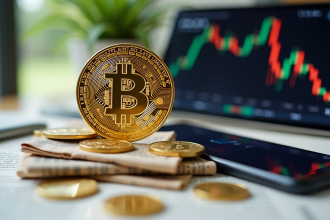 Bitcoin en or sur des journaux financiers avec smartphone