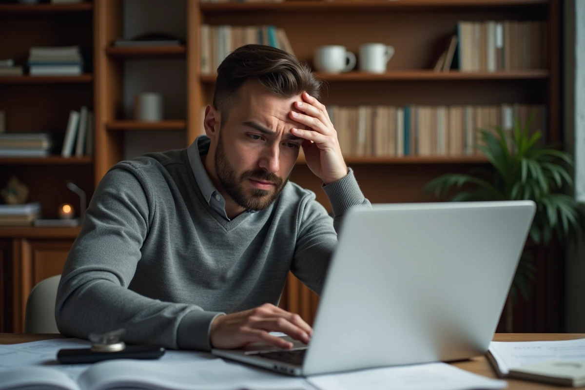 Homme stressé face aux délais et blocages lors d'une demande d'ouverture de compte CIC en ligne