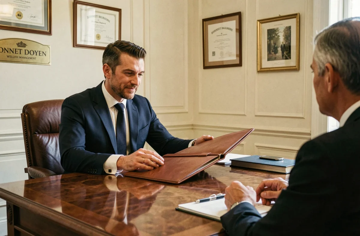 Conseiller du cabinet Bonnet Doyen Conseil présentant un bilan patrimonial à un client dans un bureau élégant