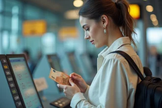 Femme tenant un billet de 100 euros à un bureau de change pour convertir en dollars américains