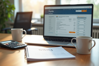 Espace de travail professionnel avec calculateur de paie et café
