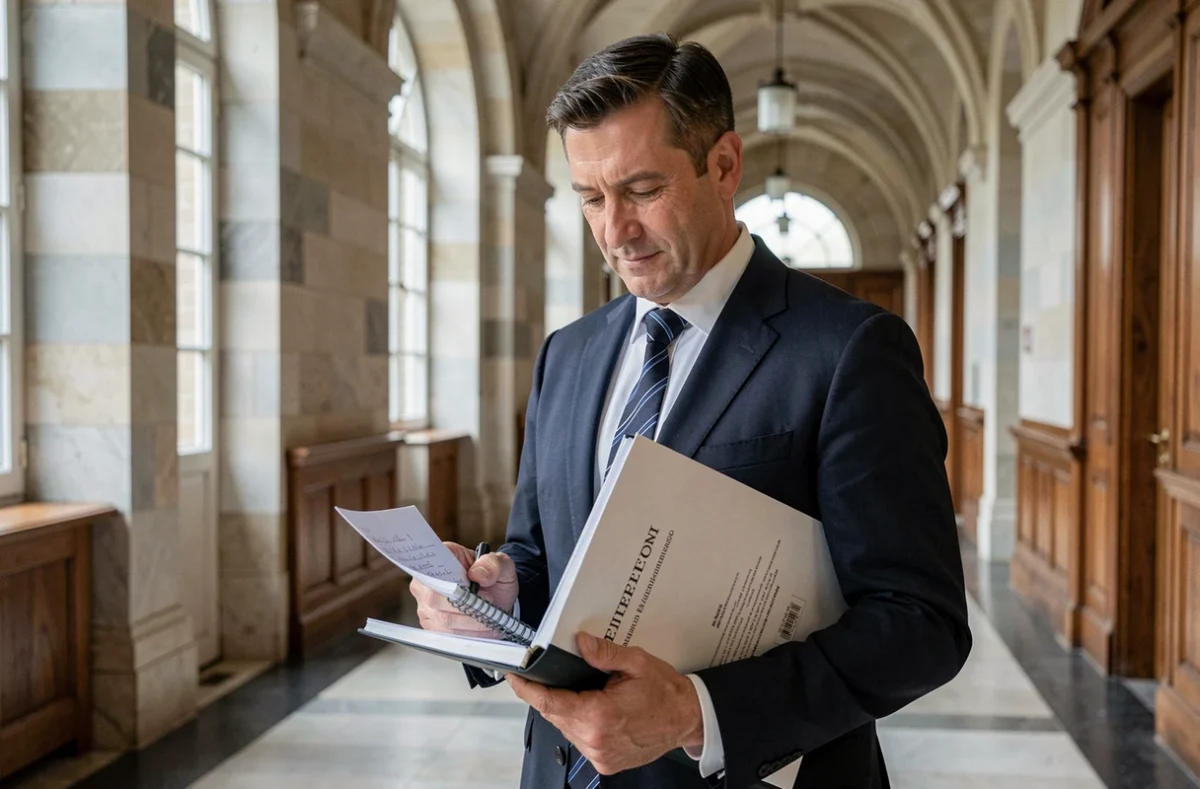 Expert de justice du Cabinet Bechaimont dans le Nord tenant un rapport officiel dans un couloir de tribunal