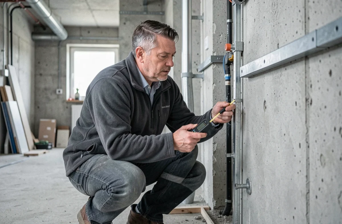 Expert technique du Cabinet JBS Expert Immo inspectant la structure d'un bien immobilier avec un appareil de mesure