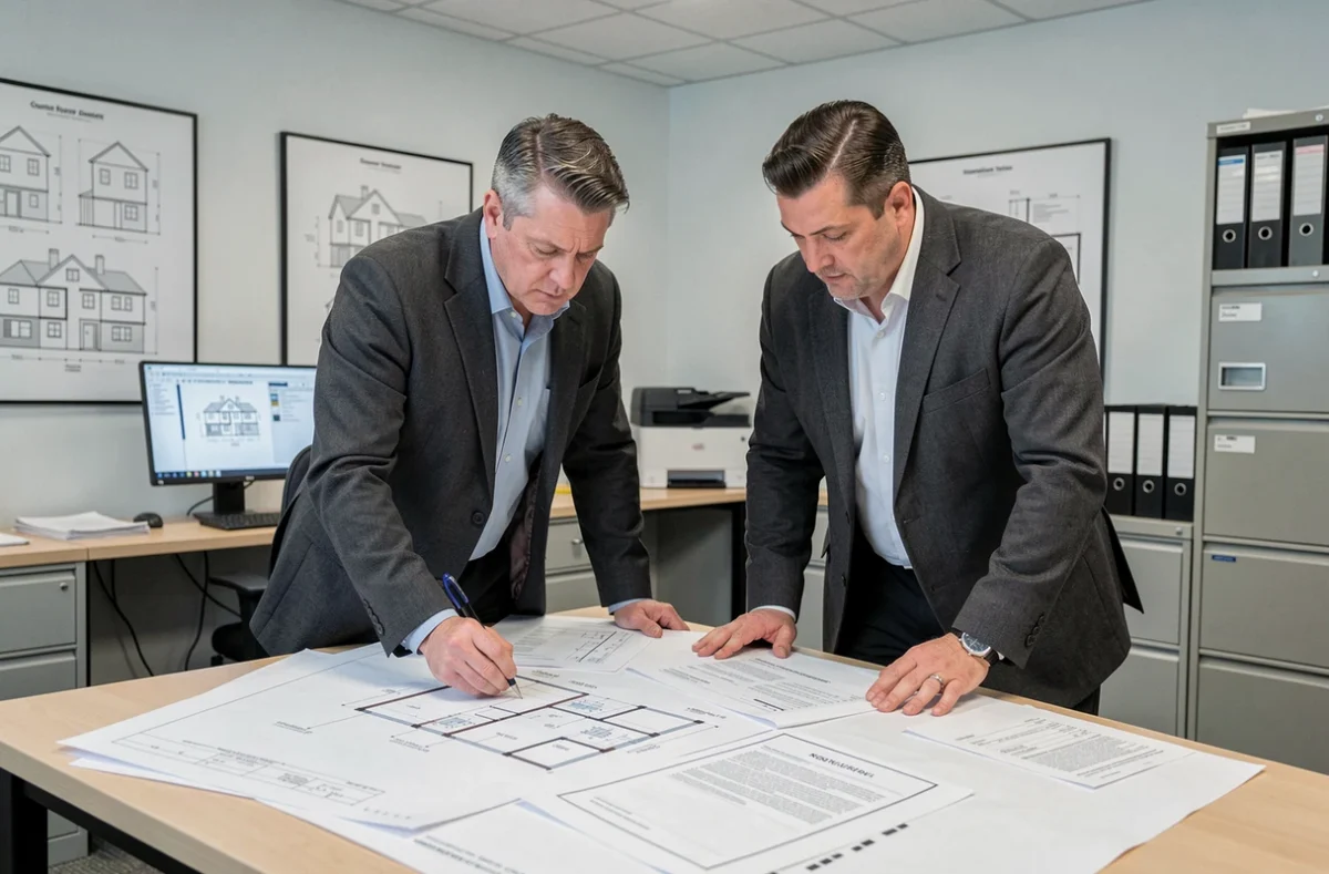 Deux associés du Cabinet JFM Immobilier annotant ensemble un dossier d'expertise immobilière