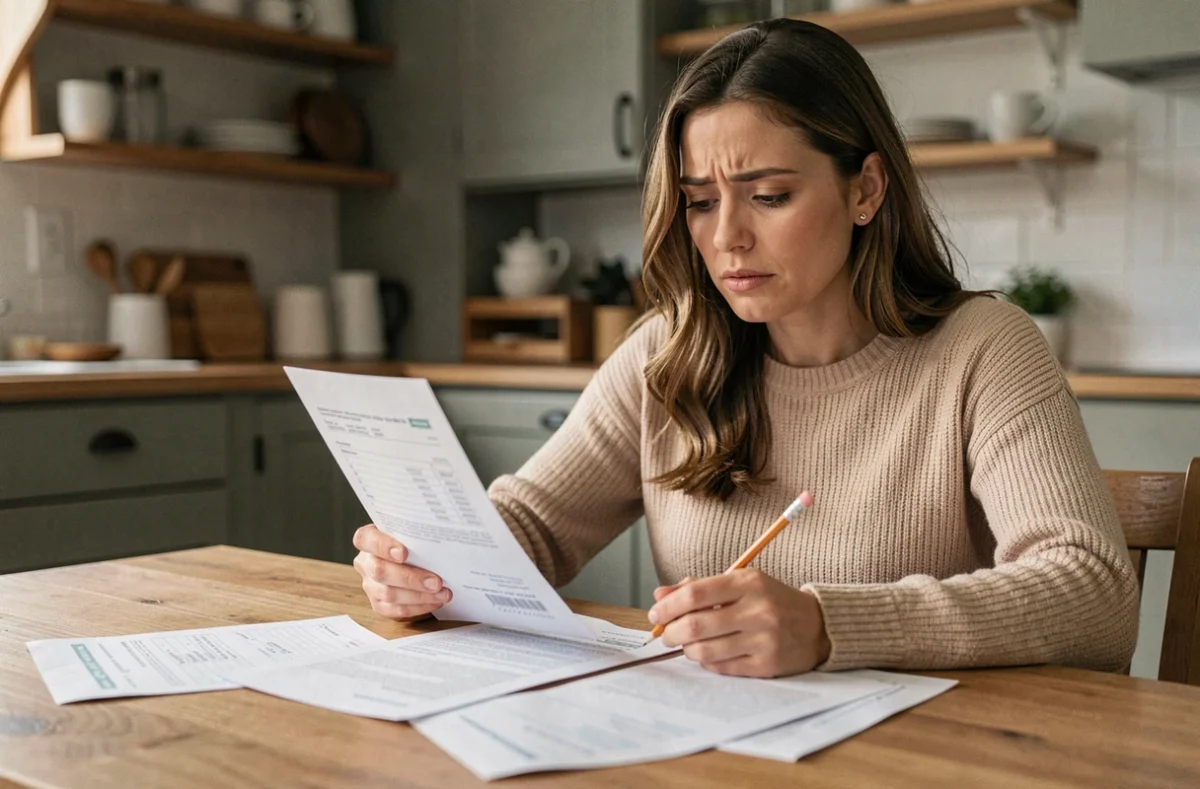 Femme calculant sa prime d'activité avec plusieurs fiches de paie étalées sur une table de cuisine
