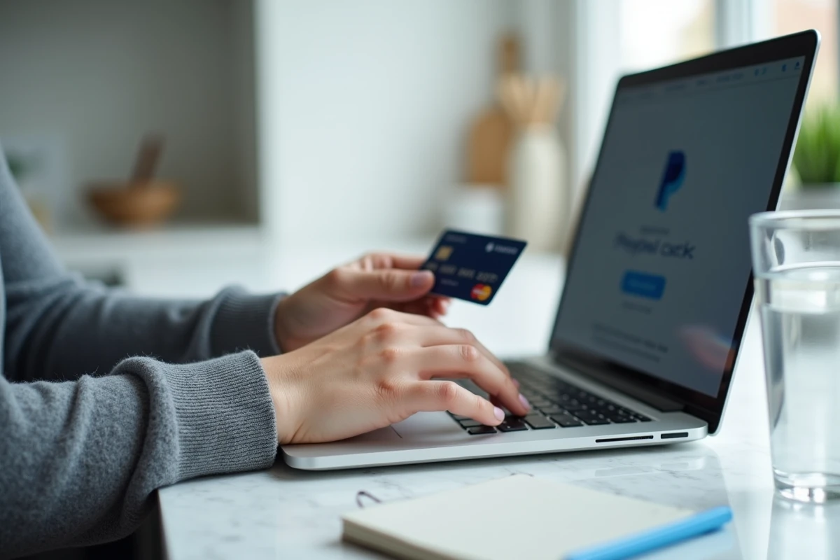 Mains tenant une carte bancaire devant un ordinateur lors d'un paiement sécurisé en ligne avec PayPal