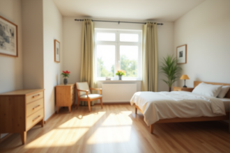 Chambre d'EHPAD lumineuse et accueillante avec mobilier moderne