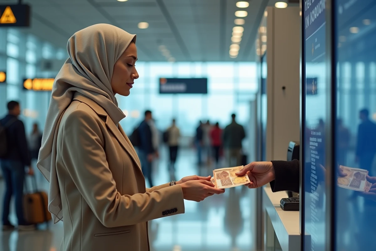 Femme marocaine effectuant un change de dirhams en euros dans un bureau de change d'aéroport européen