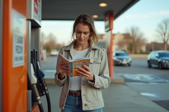 Femme tenant des chèques vacances devant une pompe à carburant dans une station-service, air perplexe