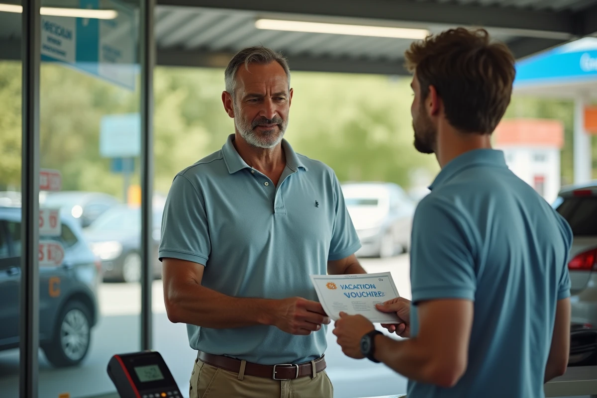 Homme présentant un chèque vacances à la caisse d'une station essence de supermarché, transaction refusée