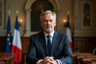 Homme politique français en costume sombre à la tribune d'une salle municipale formelle, illustrant la carrière politique de Christian Estrosi