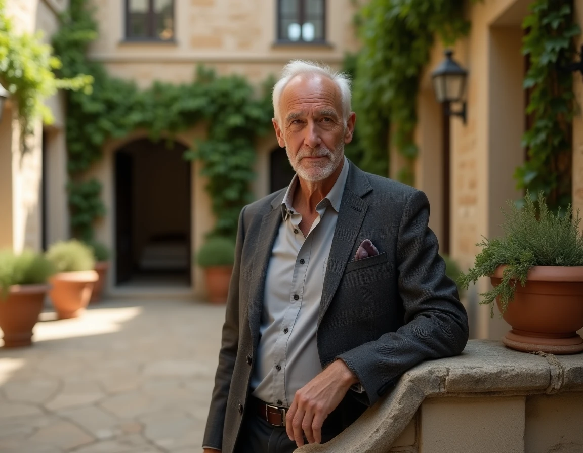 Homme élégant dans une cour en pierre de style provençal, symbolisant l'héritage familial et le patrimoine personnel de Christian Estrosi