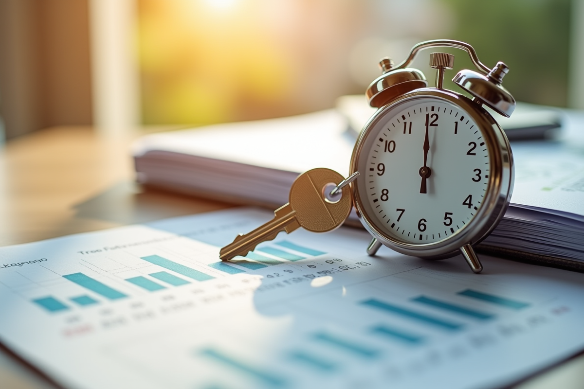 Clé de maison sur un chronomètre et documents de paiement