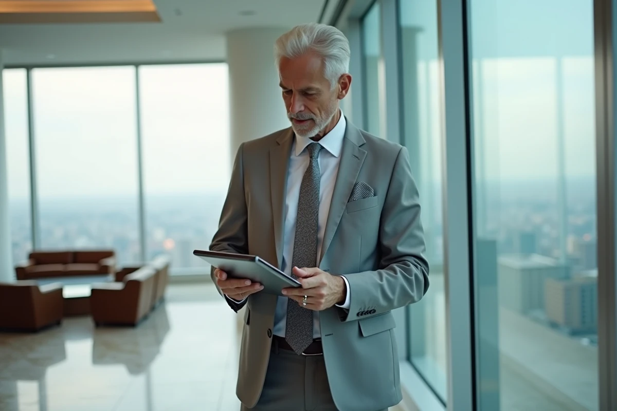 Client aisé consultant son portefeuille d'investissement sur tablette dans un salon de banque privée premium avec vue urbaine