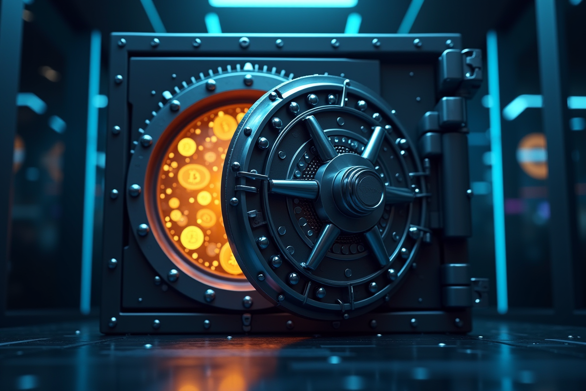 Coffre-fort numérique avec icônes de cryptomonnaies flottantes