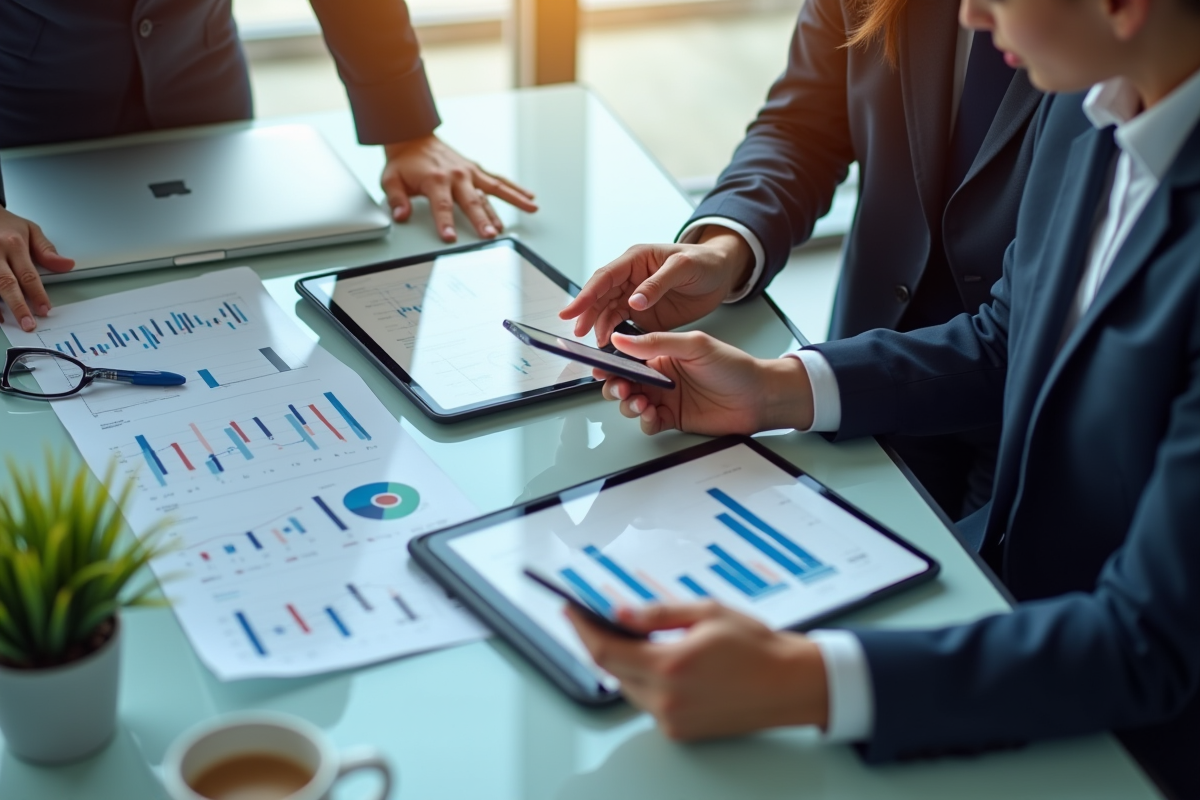 Deux professionnels collaborant autour de table avec tablettes et graphiques
