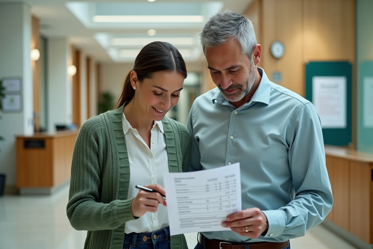 Deux collègues fonctionnaires analysant ensemble un bulletin de salaire pour calculer la différence entre salaire brut et net