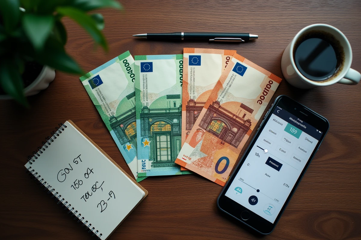 Vue de dessus de billets en euros et dirhams marocains avec une calculatrice de change sur un bureau en bois