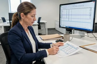 Femme comptable analysant un tableau TVS sur papier dans un bureau moderne