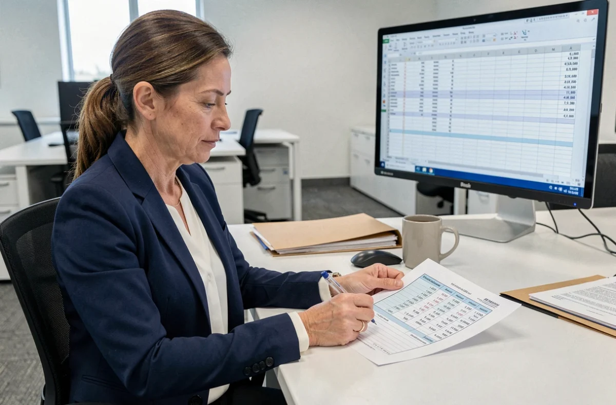 Femme comptable analysant un tableau TVS sur papier dans un bureau moderne