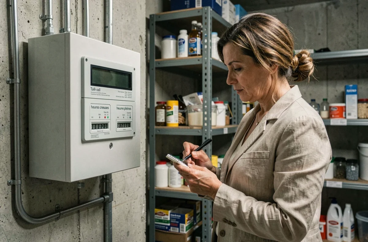 Femme notant les informations du compteur électrique EDF avec affichage heures creuses et heures pleines