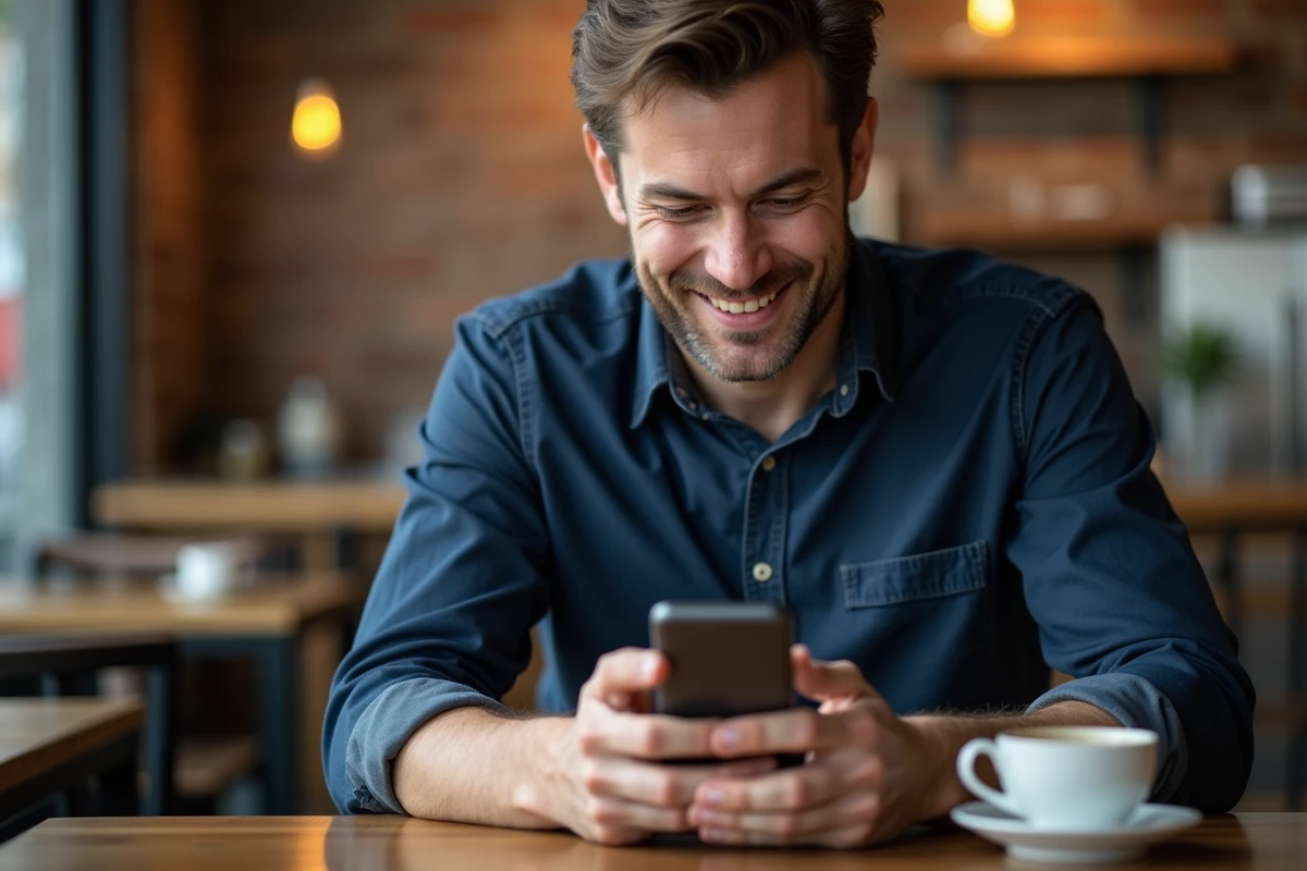 Homme consultant une confirmation de paiement PayPal sur son smartphone dans un café urbain