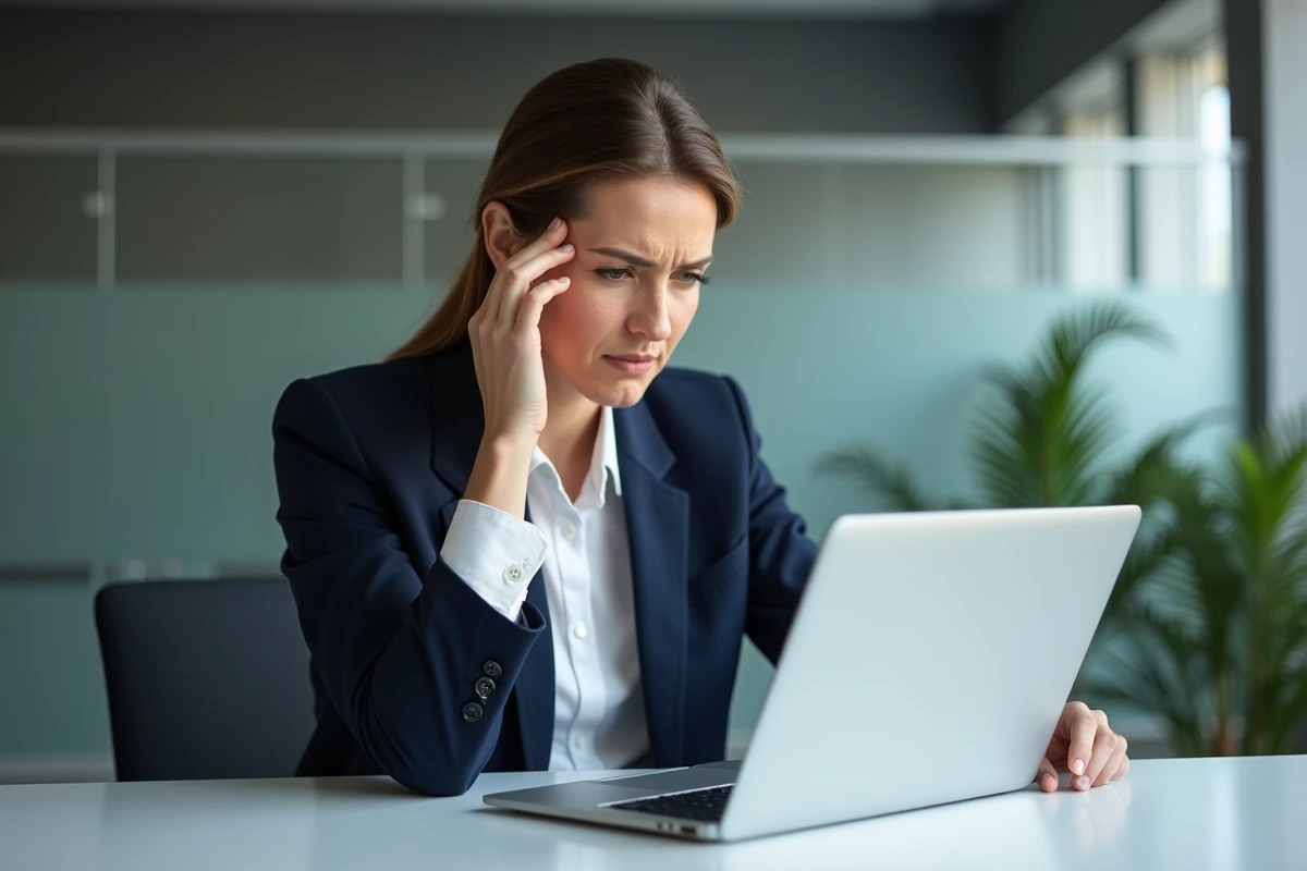 Femme professionnelle frustrée devant un écran d'ordinateur portable lors d'une tentative de connexion à une banque en ligne sécurisée