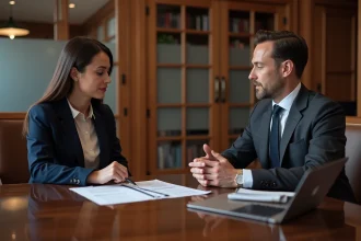 Conseillère en banque privée BNP Paribas présentant des services premium à une cliente dans un bureau élégant