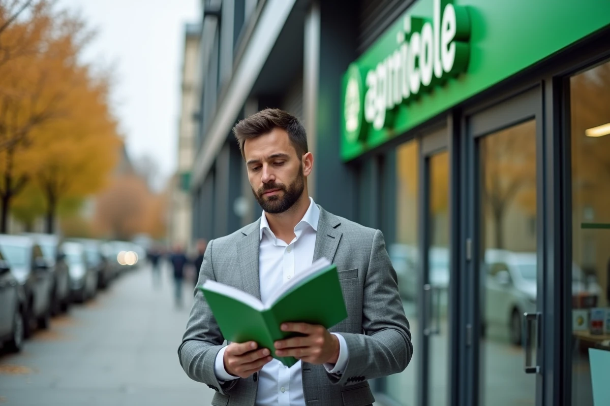 Conseiller bancaire Crédit Agricole Côtes d'Armor devant une agence avec une brochure des avantages salariés