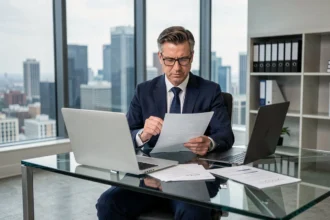 Conseiller financier consultant un logiciel de gestion de trésorerie sur son ordinateur portable dans un bureau moderne
