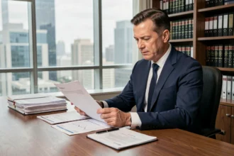 Un conseiller financier analyse des documents liés aux SCPI et à l'assurance vie dans un bureau professionnel moderne