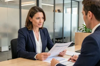 Conseillère bancaire Caisse d'Epargne présentant des solutions de financement professionnel à une cheffe d'entreprise dans un bureau moderne